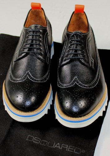 DSQUARED2 SHOES $695 BLACK GRAINED CALF WINGTIP CONTRAST SHARK DERBY 6.5 39e NEW