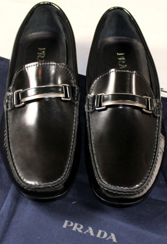 PRADA SHOES $620 BLACK LOGO ORNAMENT VAMP BRUSHED CALFSKIN DRIVER 8 41e NEW