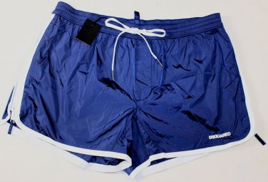 DSQUARED2 SWIM TRUNKS $440 NAVY CONTRAST WHITE LOGO ORNAMENT SWIMSUIT S 48e NEW