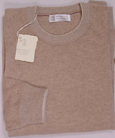 BRUNELLO CUCINELLI SWEATER MALT KANGAROO POCKET 100%CASHMERE CREWNECK MED 50 NEW