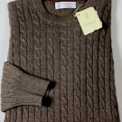 BRUNELLO CUCINELLI SWEATER DARK BROWN 100%CASHMERE CABLE KNIT CREW XXL 56 NEW