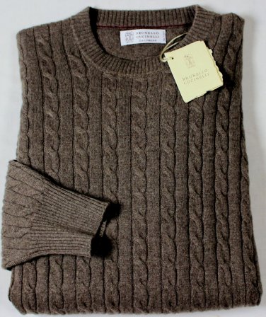 BRUNELLO CUCINELLI SWEATER DARK BROWN 100%CASHMERE CABLE KNIT CREW XXL 56 NEW