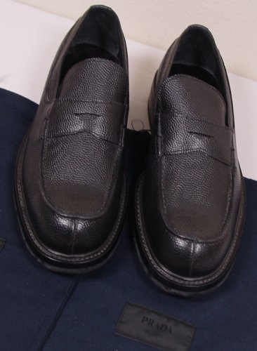 PRADA SHOES $740 BLACK PEBBLE GRAIN SPLIT TOE RUGBY PENNY LOAFER 12 45e NEW