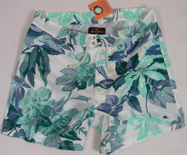 ETRO SWIM TRUNKS $350 WHITE/GREEN/BLUE LOGO BEACHWEAR BOARD SHORTS XL 54e NEW
