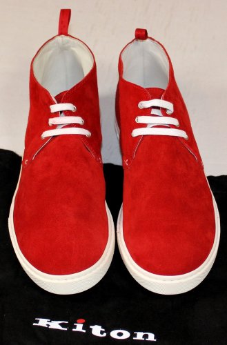 KITON SHOES $995 RED SUEDE LOGO PULL TAB STITCHED ANKLE TRAINER 9.5 42.5e NEW