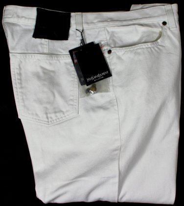 YSL RIVE GAUCHE JEANS $585 WHITE LOGO POCKET TIGHT LEG RAW DENIM 36/36 52e NEW