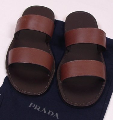 PRADA SHOES $445 BROWN DUAL STRAP LEATHER LOGO SANDAL 7.5 41e NEW