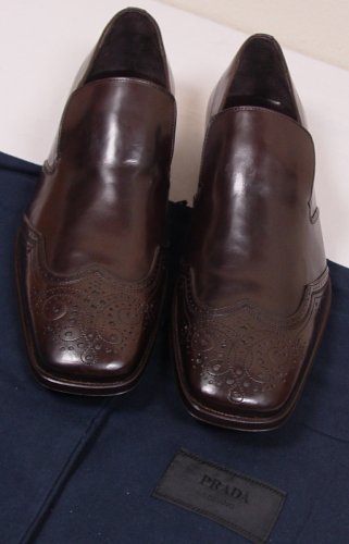PRADA SHOES $795 DARK BROWN WING-TIP TOE STITCH ORNAMENTED LOAFER 9.5 42.5e NEW