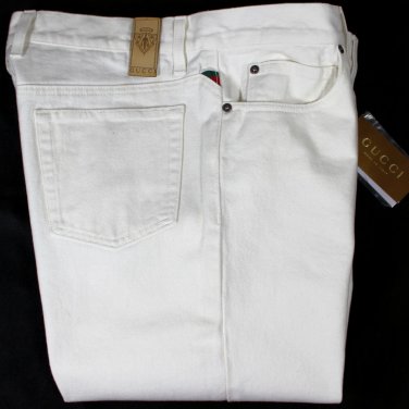 GUCCI JEANS $595 WHITE LOGO CREST EMBOSSED 6PKT STRAIGHT LEG DENIM 38/36 54e NEW