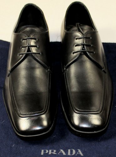 PRADA SHOES $670 BLACK LOGO EMBOSSED NICE CALF LACE UP DERBY 8.5 41.5e NEW