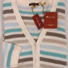 LORO PIANA CASHMERE SOFT SWEATER $1395 BLUE STRIPED W/LEATHER CARDIGAN 6 42e NEW