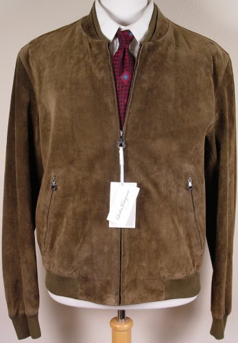 SALVATORE FERRAGAMO JACKET $3495 OLIVE BROWN CALFSKIN LOGO BOMBER LG 52e NEW