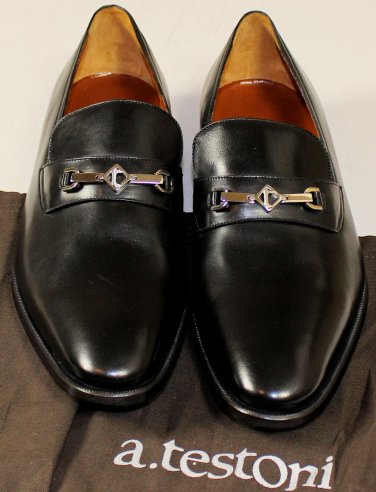A. TESTONI SHOES $680 BLACK LOGO SILVER ORNAMENT VAMP HANDMADE LOAFER 12 45e NEW