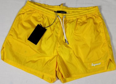 DSQUARED2 SWIM TRUNKS $395 YELLOW LOGO ORNAMENTED SWIMSUIT BEACHWEAR MED 50e NEW