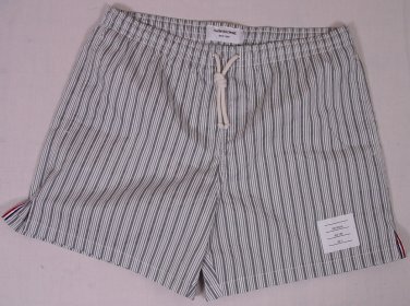 THOM BROWNE SWIMSUIT $280 GRAY/WHITE STRIPE LOGO BEACHWEAR SWIM TRUNKS LG  3 NEW
