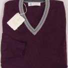 BRUNELLO CUCINELLI SWEATER MERLOT/GRAY 100%CASHMERE V-NECK JUMPER SMALL 48e NEW
