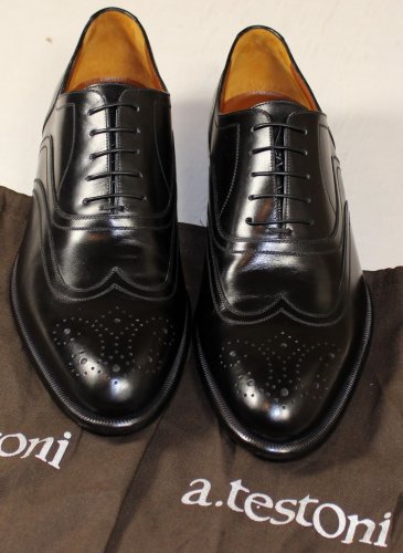 A. TESTONI SHOES $740 BLACK WING TIP HANDMADE OXFORD DRESS SHOES 10.5 43.5e NEW