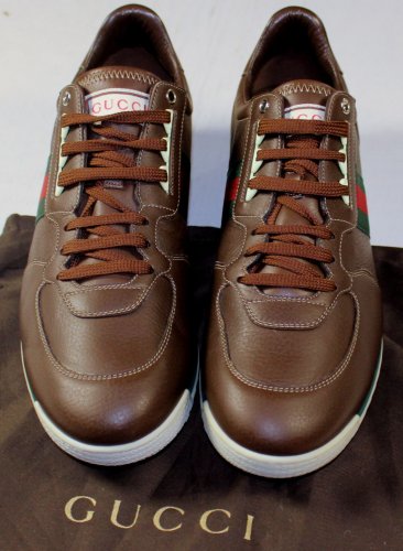 GUCCI SHOES $545 BROWN LOGO WEB SIDE STRIPED LOGO EMBOSSED TRAINER 13 46e NEW