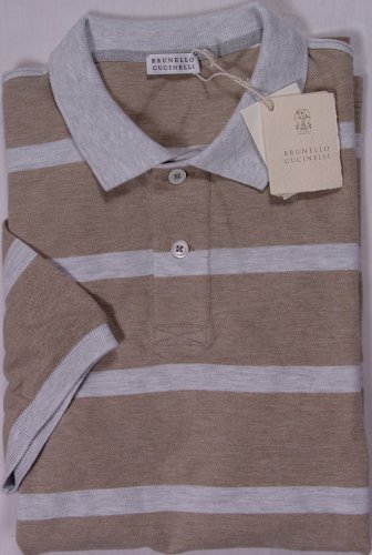 BRUNELLO CUCINELLI POLO $395 BROWN BOLD STRIPE 2-BTN 100%COTTON  MED 50e NEW