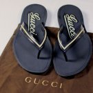 GUCCI SHOES $385 NAVY/WHITE LOGO SPORT STRIPE RESORT THONG SANDAL 12.5 45.5 NEW