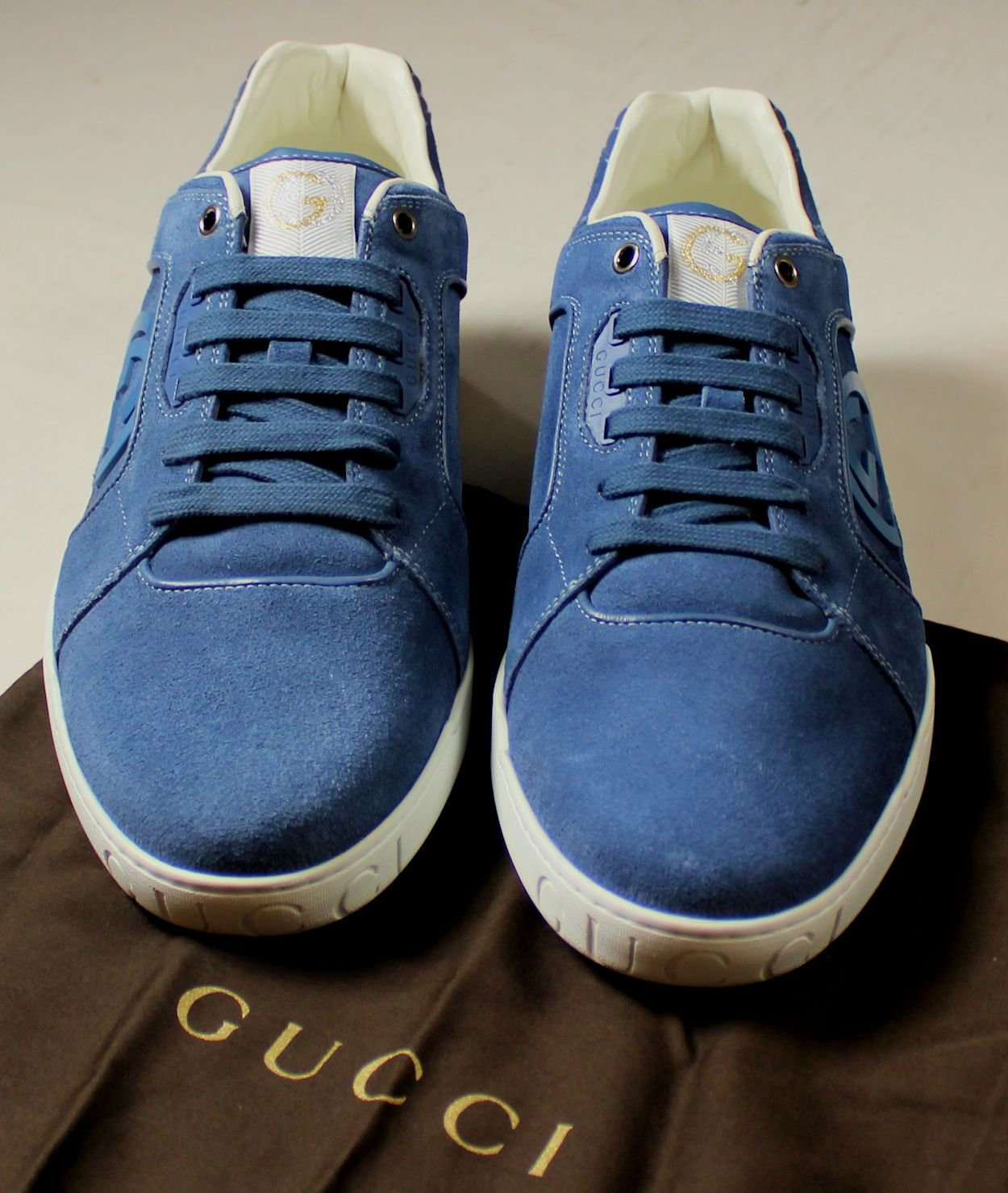 GUCCI SHOES $550 BLUE SUEDE LOGO GG ORNAMENTED LOW PROFILE TRAINERS 11 ...