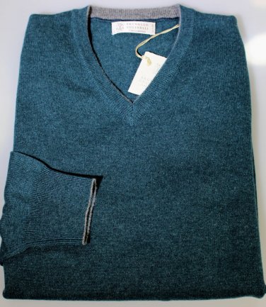 BRUNELLO CUCINELLI SWEATER MOSS GREEN 100%CASHMERE V-NECK PULLOVER XXXL 58e NEW