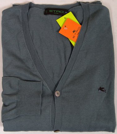 ETRO SWEATER $695 SLATE BLUE LOGO CASHMERE/COTTON 5-BTN CARDIGAN XXL 56e NEW