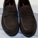 PRADA SPORT SHOES $595 DARK BROWN SUEDE LOGO EMBOSSED PENNY CALF 9.5 42.5e NEW