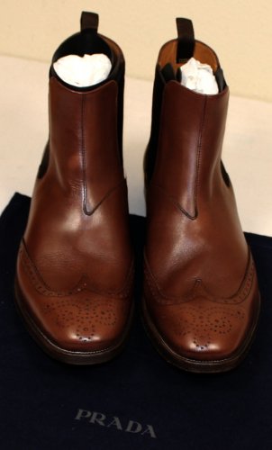PRADA SHOES $1040 BROWN CALF WING-TIP ORNAMENT CHELSEA ANKLE BOOTS 9.5 42.5 NEW