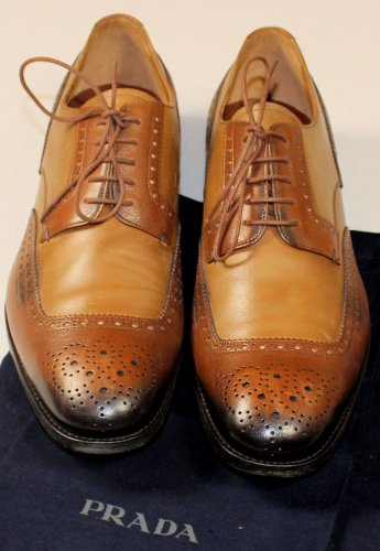 PRADA SHOES $1075 BROWN/TAN BURNISH CALFSKIN HANDMADE BROGUE 11 44e NEW