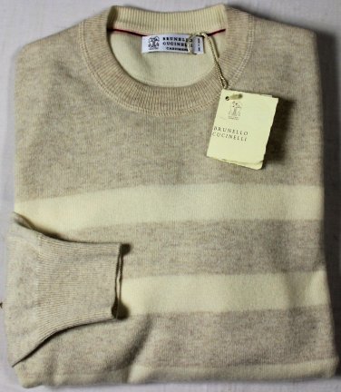 BRUNELLO CUCINELLI SWEATER BEIGE/SAND BOLD STRIPE 100%CASHMERE CREWNECK M 50 NEW