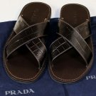 PRADA SHOES $545 DARK BROWN CROC EMBOSSED CROSS STRAP LOGO SANDAL 9.5 42.5e NEW