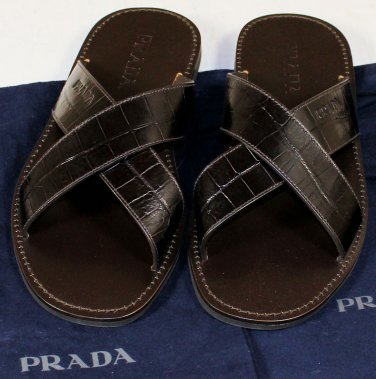 PRADA SHOES $545 DARK BROWN CROC EMBOSSED CROSS STRAP LOGO SANDAL 9.5 42.5e NEW