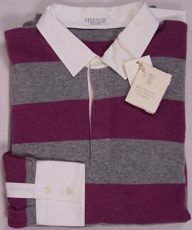 BRUNELLO CUCINELLI SWEATER GRAY/PURPLE 100%CASHMERE RUGBY POLO JUMPER M 50e NEW