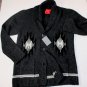 SAHAJA SWEATER $1985 BLACK NAVAJO PRINT 100%CASHMERE 4-BTN SHAWL CARD L 52e NEW
