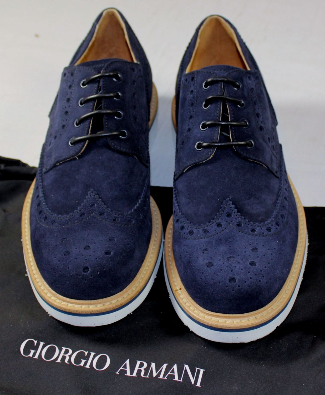 ARMANI SHOES 645 NAVY SUEDE CALF WINGTIP CONTRAST DERBY 10.5