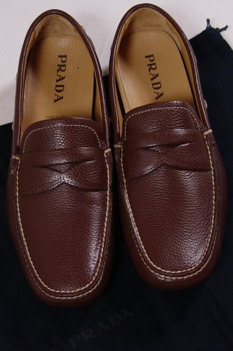 PRADA SHOES $595 DARK BROWN CONTRAST STITCHED PENNY VAMP DRIVER 11.5 44.5eNEW