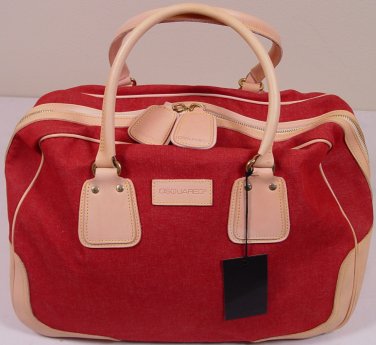 DSQUARED2 BAG $1480 RED CANVAS & BEIGE LEATHER LOGO WEEKENDER CARRY ALL BAG NEW