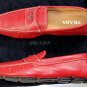PRADA SHOES $670 RED SAFFIANO LEATHER LOGO ORNAMENTED VAMP DRIVER 10 43e NEW