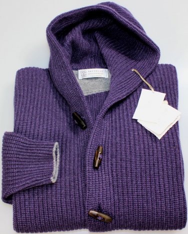 BRUNELLO CUCINELLI SWEATER GRAPE 100%CASHMERE HOODED 6-TOGGLE CARDIGAN M 50 NEW