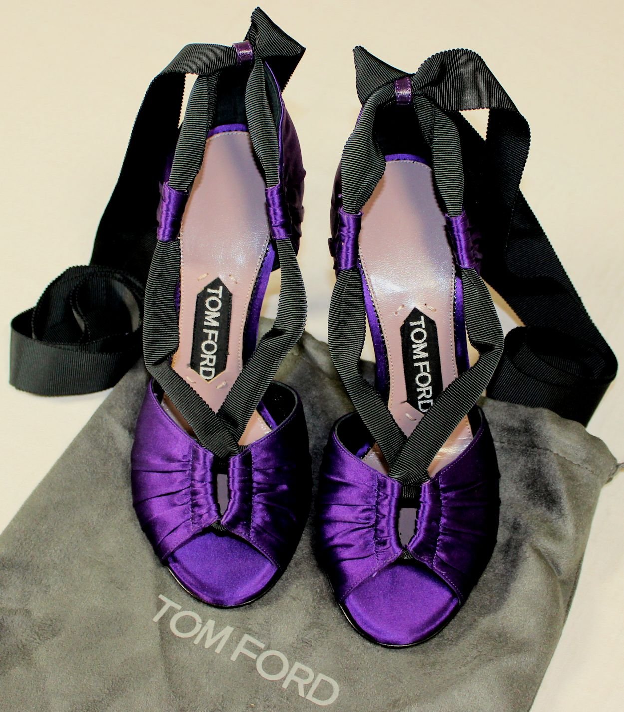 TOM FORD SHOES $1120 PURPLE SATIN NOTCHED TOE ANKLE WRAP SANDAL HEELS 6B 36  NEW