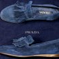 PRADA SHOES $690 BLUE SUEDE CALFSKIN KILTED TASSEL VAMP LOAFERS 7 40 NEW