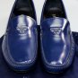 PRADA SHOES $670 BLUE SAFFIANO LEATHER LOGO ORNAMENTED VAMP DRIVER 13 46 NEW