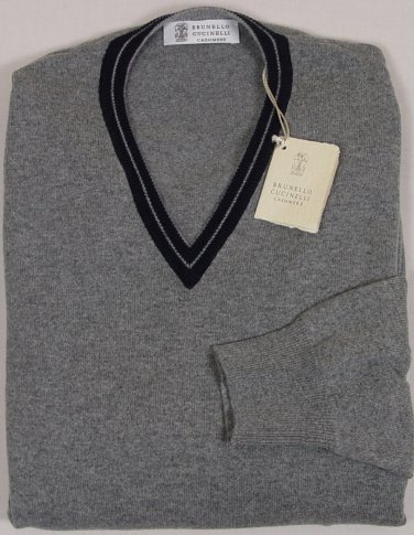 BRUNELLO CUCINELLI SWEATER GRAY/NAVY 100%CASHMERE V-NECK JUMPER XXL 56e NEW