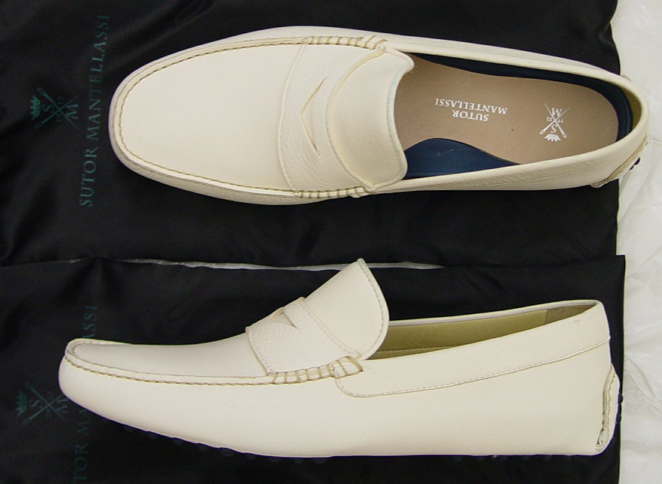 SUTOR MANTELLASSI SHOES $595 IVORY PEBBLED SOLE HANDMADE PENNY DRIVERS ...