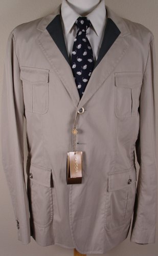 GUCCI JACKET $1,350 KHAKI/GRAY ACCENTED 3-SIGNATURE BUTTON FIELD COAT XL 54e NEW