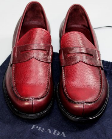 PRADA SHOES $890 DARK RED BURNISHED SAFFIANO LEATHER PENNY LOAFER 11 44 NEW