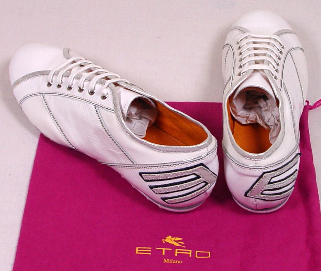 ETRO SHOES $435 WHITE/GRAY/NAVY PATENT LEATHER LOGO PINHOLE TRAINER 8D ...