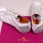 ETRO SHOES $435 WHITE/GRAY/NAVY PATENT LEATHER LOGO PINHOLE TRAINER 8D 41e NEW