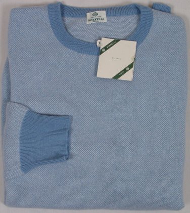 BORRELLI SWEATER $1450 SKY BLUE PINHEAD 100%CASHMERE CREWNECK JUMPER MED 50e NEW